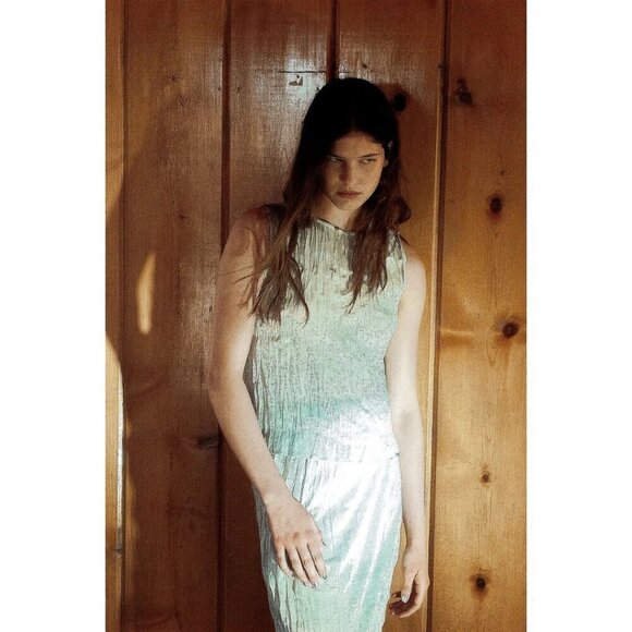 NWT Zara metallic fibre silver wrinkle effect crinkle high waist midi skirt, S - Picture 5 of 15